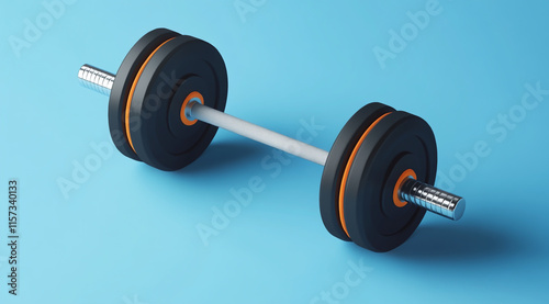 weight lifting equipment, blue background and orange details, black metal barbell weights photo