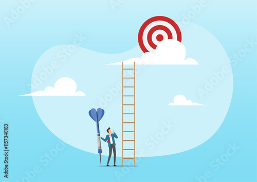 ambitious businessman hold dart aim high at target on the cloud
