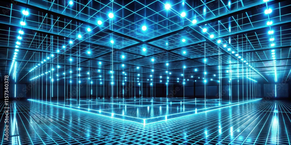 A futuristic glowing nanotechnology grid emits a soft blue light as it hums with energy, modern architecture, energy hub A futuristic glowing nanotechnology grid emits a soft blue light as it hums with energy, modern architecture, energy hub