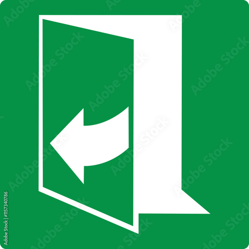 Green sign door opens towards you to the left. Designations the direction door opening in normal or emergency situations. The arrow pointing to the left shows the trajectory the door. Iso 7010.