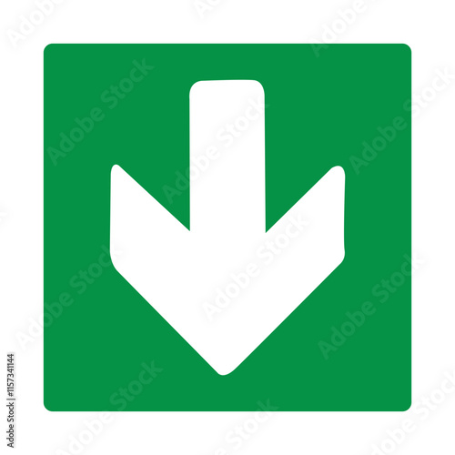 Green sign arrow down. Arrow pointing down. Shows the direction movement to the exit or shelter in an emergency. Movement down to the safety zone. Indicates the nearest safe point or exit. Iso 7010.