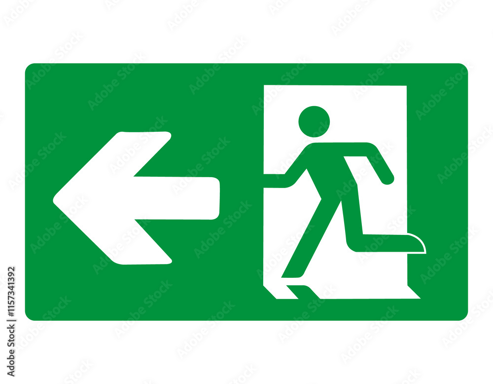 Green sign evacuation exit left. Designations location emergency evacuation exit. Quick and safe exit from a building or facility in case emergency. Direction a safe area. Iso 7010. Fire exit. Green sign evacuation exit left. Designations location emergency evacuation exit. Quick and safe exit from a building or facility in case emergency. Direction a safe area. Iso 7010. Fire exit.