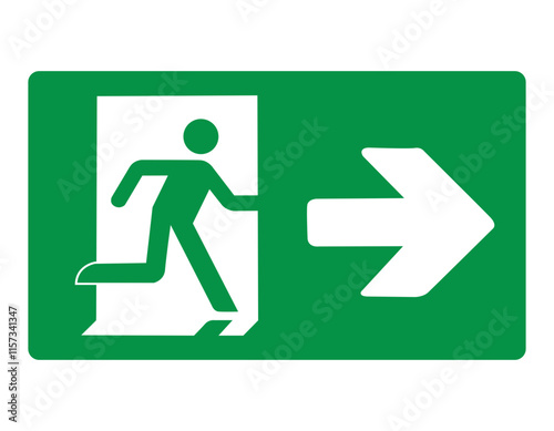 Green sign evacuation exit right. Designations location emergency evacuation exit. Quick and safe exit from a building or facility in case emergency. Direction a safe area. Iso 7010. Fire exit.