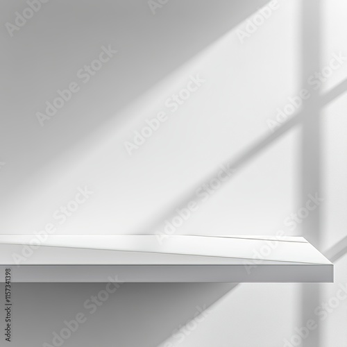 Minimalist White Shelf With Soft Shadows and Natural Light Illuminating the Space, Creating a Serene and Peaceful Atmosphere