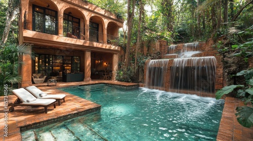 A serene poolside retreat with a waterfall surrounded by lush greenery.