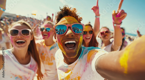 Wide-angle shot of happy friends having fun at the color run, wearing sunglasses and white t-shirts with colorful paint on their faces