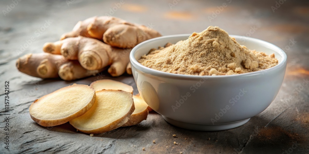 Fototapeta premium Fresh ginger root sliced into thin rounds placed in a small white ceramic bowl with a sprinkle of fine powdered ginger on top, earthy tone, aromatic root