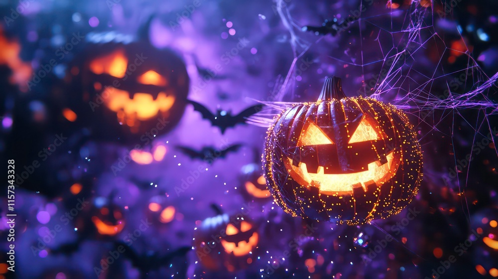 Fototapeta premium Glowing jack-o'-lanterns, bats, and spiderwebs in a spooky Halloween scene. (1)