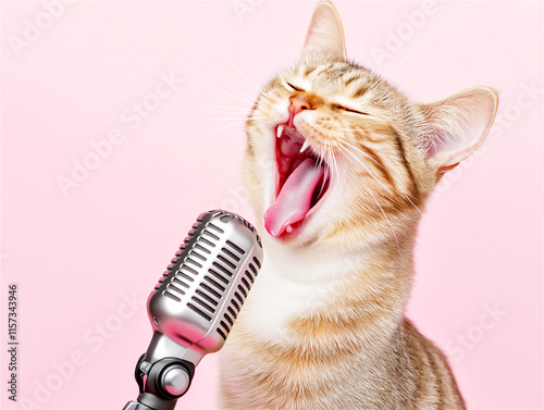 A ginger cat meowing into a vintage microphone against a pink background. A humorous take on animals and music, ideal for creative projects.