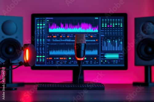 Modern studio setup featuring a glowing microphone and sound editing software on a computer screen with vibrant audio waveforms and dynamic interface elements