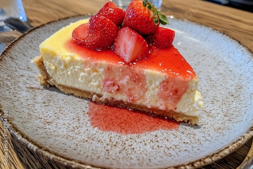 A Delicious Slice of Strawberry Cheesecake on a Rustic Plate photo