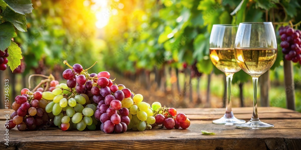 Ripe red grapes and white wine glasses on a rustic wooden table in a lush vineyard, with lush green vines and leaves in the background Ripe red grapes and white wine glasses on a rustic wooden table in a lush vineyard, with lush green vines and leaves in the background