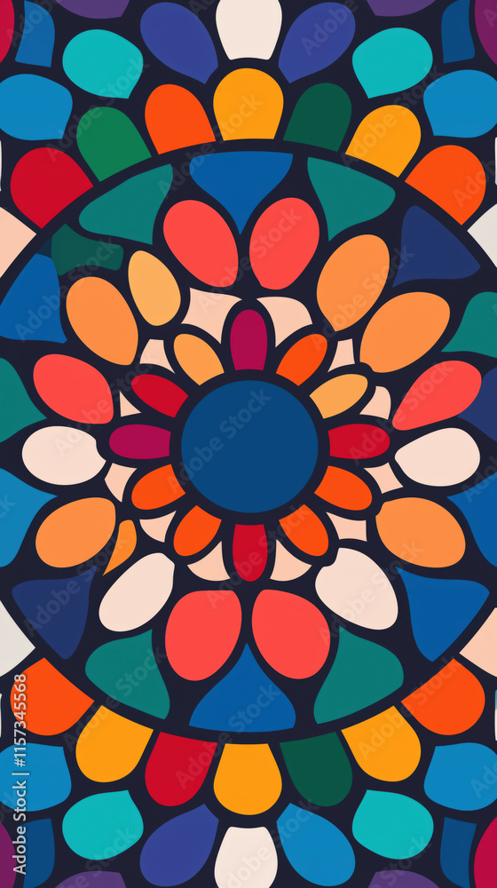 Fototapeta premium A bold, stained-glass-inspired design with colorful geometric shapes and a circular flower-like centerpiece.