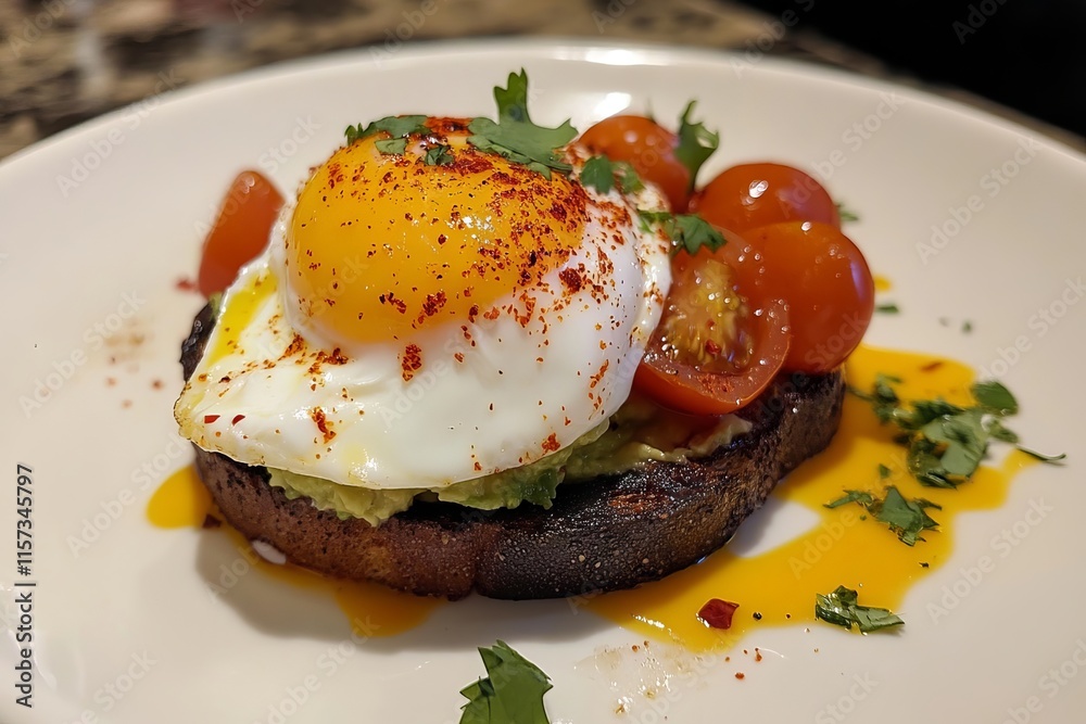 Delicious Avocado Toast with Fried Egg and Tomatoes Delicious Avocado Toast with Fried Egg and Tomatoes