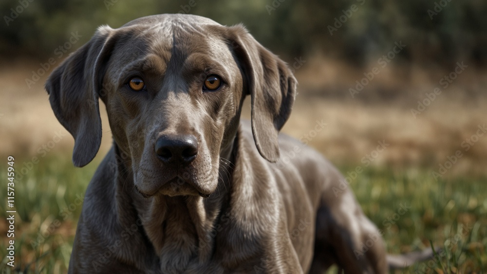 Close-up portrait of a noble Weimaraner dog with silvery-grey fur and warm amber eyes, lying in a grassy field