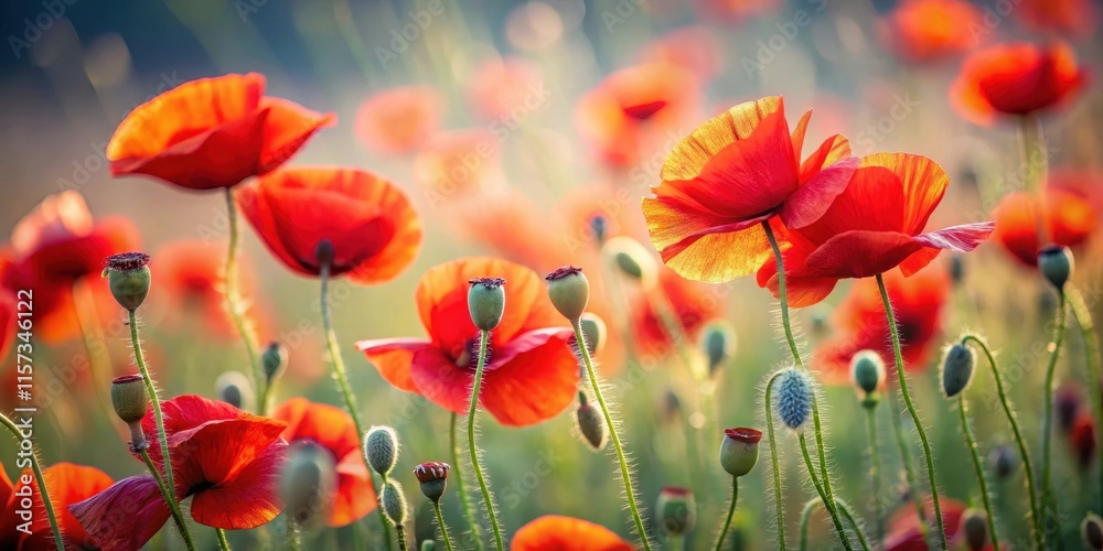 Fototapeta premium A field of red poppies swaying gently in the breeze, their delicate petals unfolding like tiny wings, red, colors, red