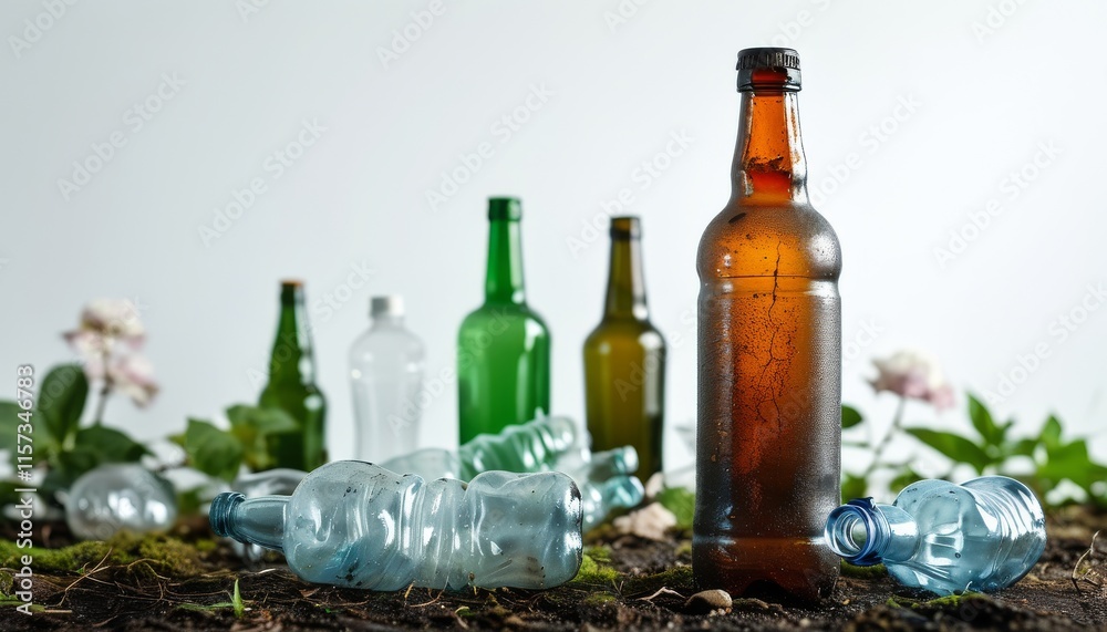 Collection of Empty Bottles on a Natural Setting Highlighting Recycling and Ecology Awareness Collection of Empty Bottles on a Natural Setting Highlighting Recycling and Ecology Awareness
