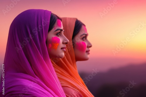 cultural celebration, women in pastel saris, painted with vivid holi colors, stand in a sunlit field, embodying the essence of celebration