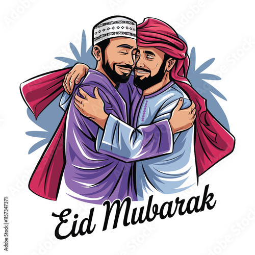 Eid Al Fitr Background With Two Muslims Hug Each Other Vector with Eid Mubarak 
