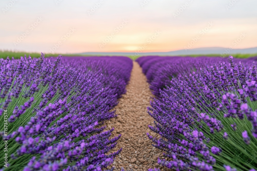 Obraz premium A serene view of lavender fields at sunset, showcasing vibrant purple flowers and a calming atmosphere.