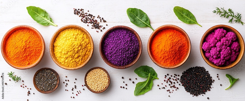 Naklejka premium Colorful spices and herbs in bowls on white background.