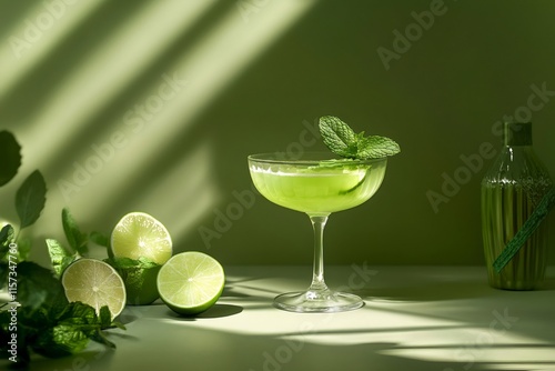 Refreshing lime and mint cocktail standing on green background