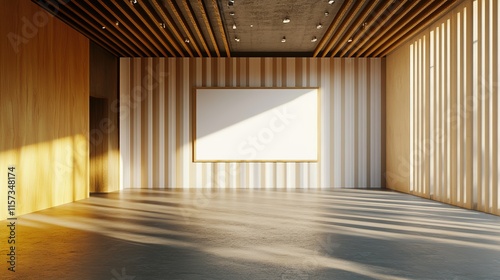 Modern interior with blank white poster on a striped wall, concrete floor, and soft lighting in a spacious room. 3D Rendering , 8k Resolution