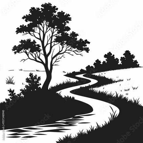 Winding Creek vector silhouette black design white background