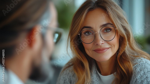 Confident Woman in Glasses Engaged in a Friendly Conversation