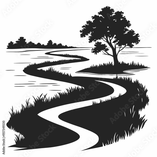 Winding Creek vector silhouette black design white background