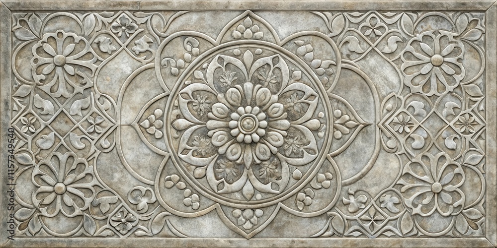 Obraz premium Distressed gray stone tile with intricate patterns and ornate designs