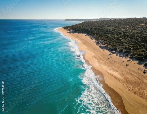 Aerial view of a serene shoreline- a pristine sandy beach meeting gentle turquoise waves. Generated with AI