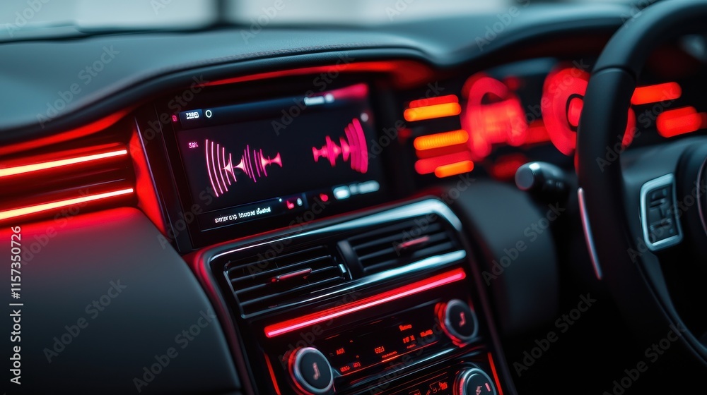 Obraz premium Detailed Close-Up of a Modern Car Dashboard Featuring AI Technology and Voice Recognition Interface with Vibrant Red Lighting Effects