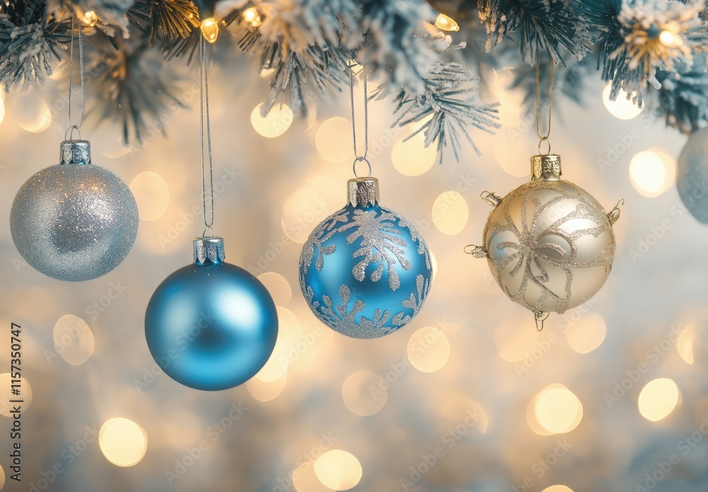 Blue and silver Christmas ornaments with intricate patterns on evergreen branches, soft bokeh and twinkling lights, creating a festive atmosphere for holiday card or premium venue designs. Blue and silver Christmas ornaments with intricate patterns on evergreen branches, soft bokeh and twinkling lights, creating a festive atmosphere for holiday card or premium venue designs.