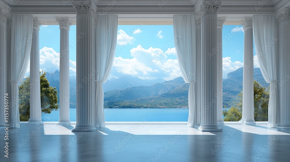 Fototapeta premium Sunlit classical colonnade with ocean view.