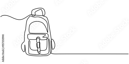 One continuous line illustration of a backpack, isolated on white background, Continuous one line drawing backpack. Camping backpack vector hand drawn silhouette clipart. Sketch isolated on white.