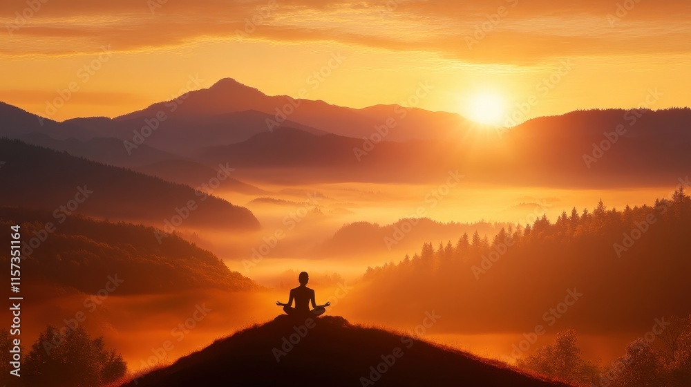 A serene figure meditates atop a hill, surrounded by misty mountains at sunrise, radiating tranquility and inner peace. A serene figure meditates atop a hill, surrounded by misty mountains at sunrise, radiating tranquility and inner peace.
