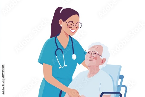 A caring nurse smiles at an elderly patient in a wheelchair, showcasing compassion and professional healthcare support.