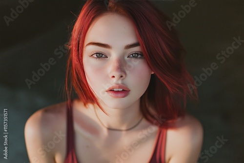 Beautiful young female model with smooth skin, slim figure, and red hair wearing a tank top, gazing at the camera in natural light. The portrait features soft shadows and a shallow depth of field.