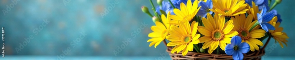 A basket filled with a mix of yellow daisies and blue delphiniums, daisy, yellow, blue
