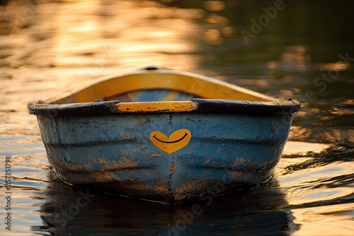 A rowboat with a cheerful face, paddles creating ripples shaped like hearts photo