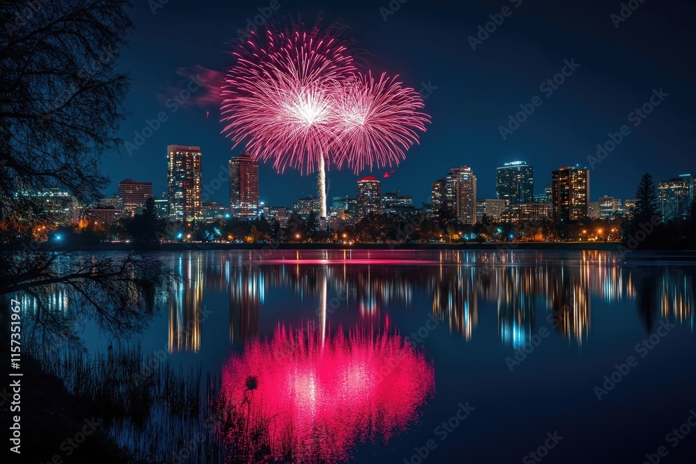 Spectacular red and pink fireworks light up the night sky over a lake, with a city skyline in the background, creating a joyful and festive New Year's Eve celebration. Spectacular red and pink fireworks light up the night sky over a lake, with a city skyline in the background, creating a joyful and festive New Year's Eve celebration.