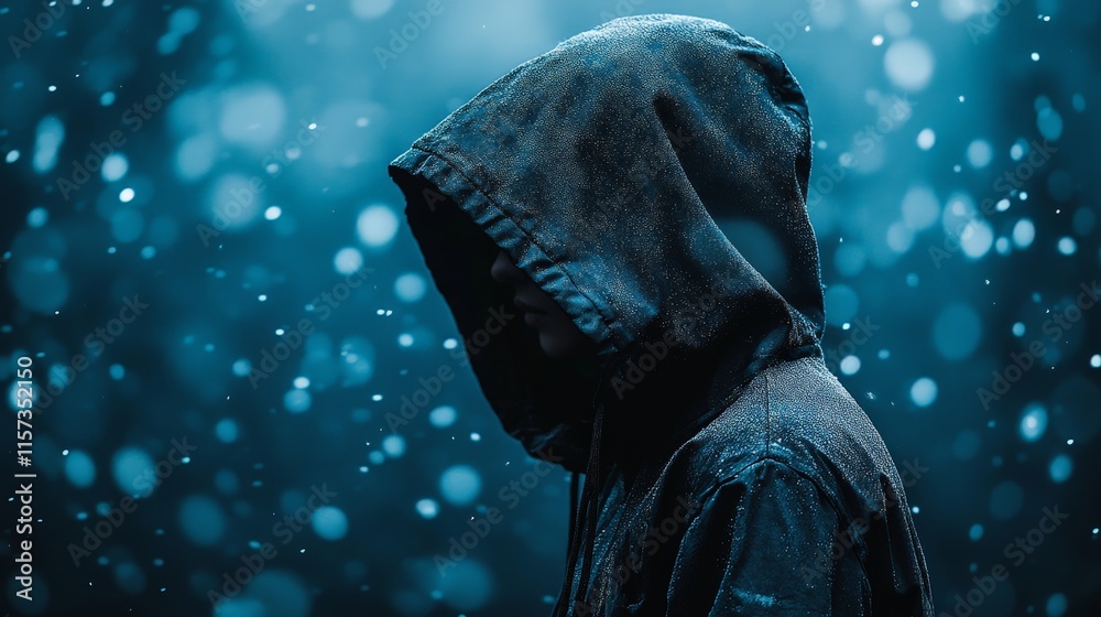 Naklejka premium Hooded figure in shadows symbolizing cybercrime and hacking
