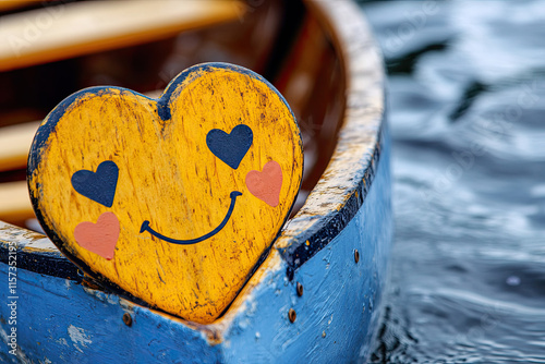 A rowboat with a cheerful face, paddles creating ripples shaped like hearts photo