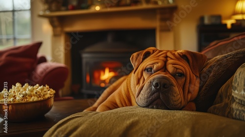 A cozy dog rests on a couch near a warm fireplace and popcorn bowl, embracing the comfort of home and relaxation.