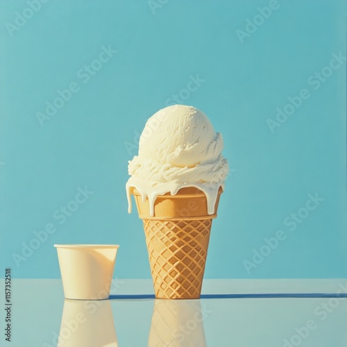 Melted vanilla ice cream cone with small cup.