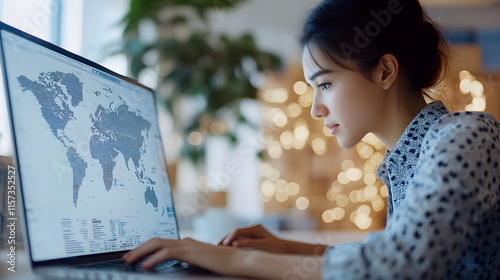 Warehouse worker sits at laptop. Girl manager collects orders. Logistics. Computer technologies in trade and business.
