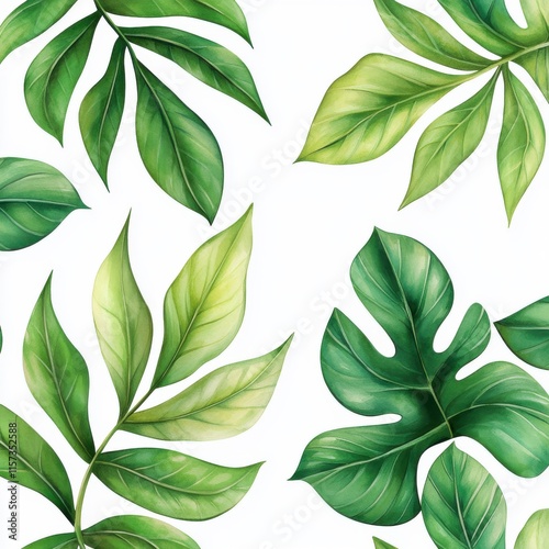 Vibrant Watercolor Tropical Leaves Design Featuring Bold Greens and Lush Foliage for Decorative and Artistic Purposes