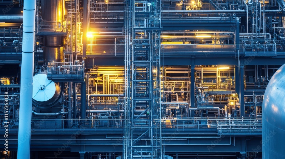 Cooling towers rise above the intricate machinery of a petrochemical facility, with engineers overseeing safe operation from a distance.