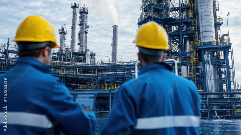 Engineers monitor the flow of water and steam from the cooling towers at a large petrochemical facility, ensuring system efficiency. Engineers monitor the flow of water and steam from the cooling towers at a large petrochemical facility, ensuring system efficiency.